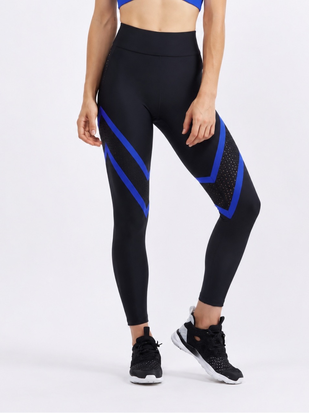 Prabal Gurung Cropped Leggings Black Mesh Panels Blue Chevron Stripes Sz Small